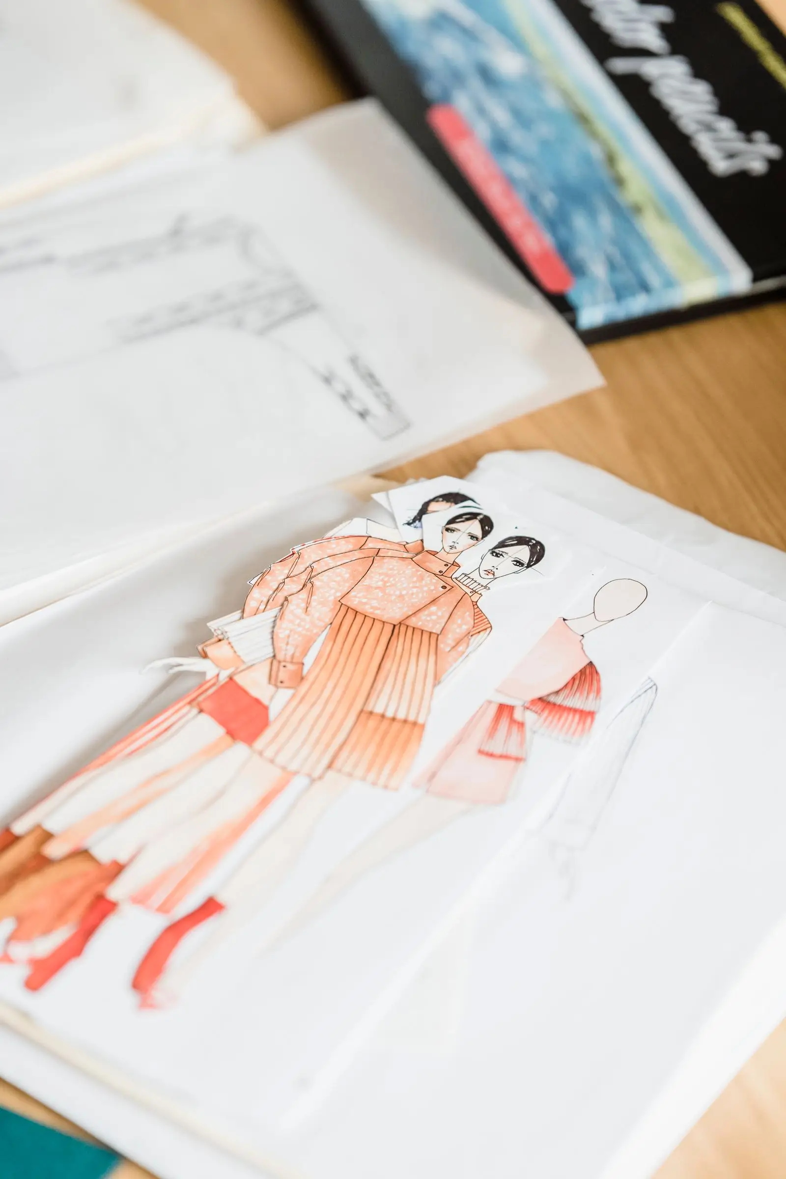 A hand-drawn interior sketch in red pencil